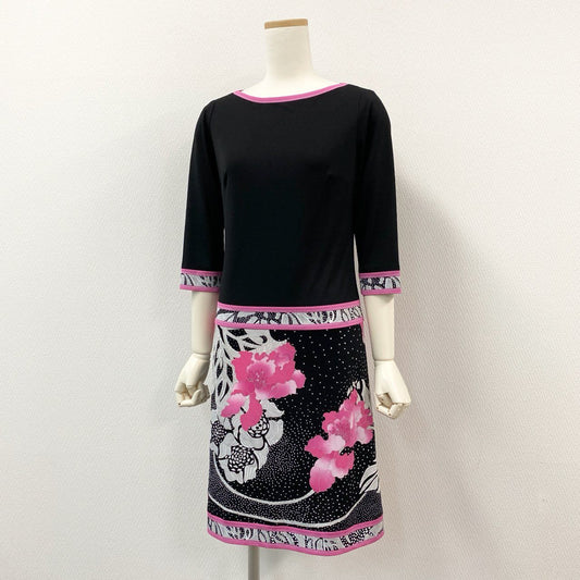 32i9【美品】 LEONARD レオナール 七分袖ワンピース カンカン素材 花柄ワンピース 薄手 レディース 女性用 0330327 34 ブラック ピンクu02t