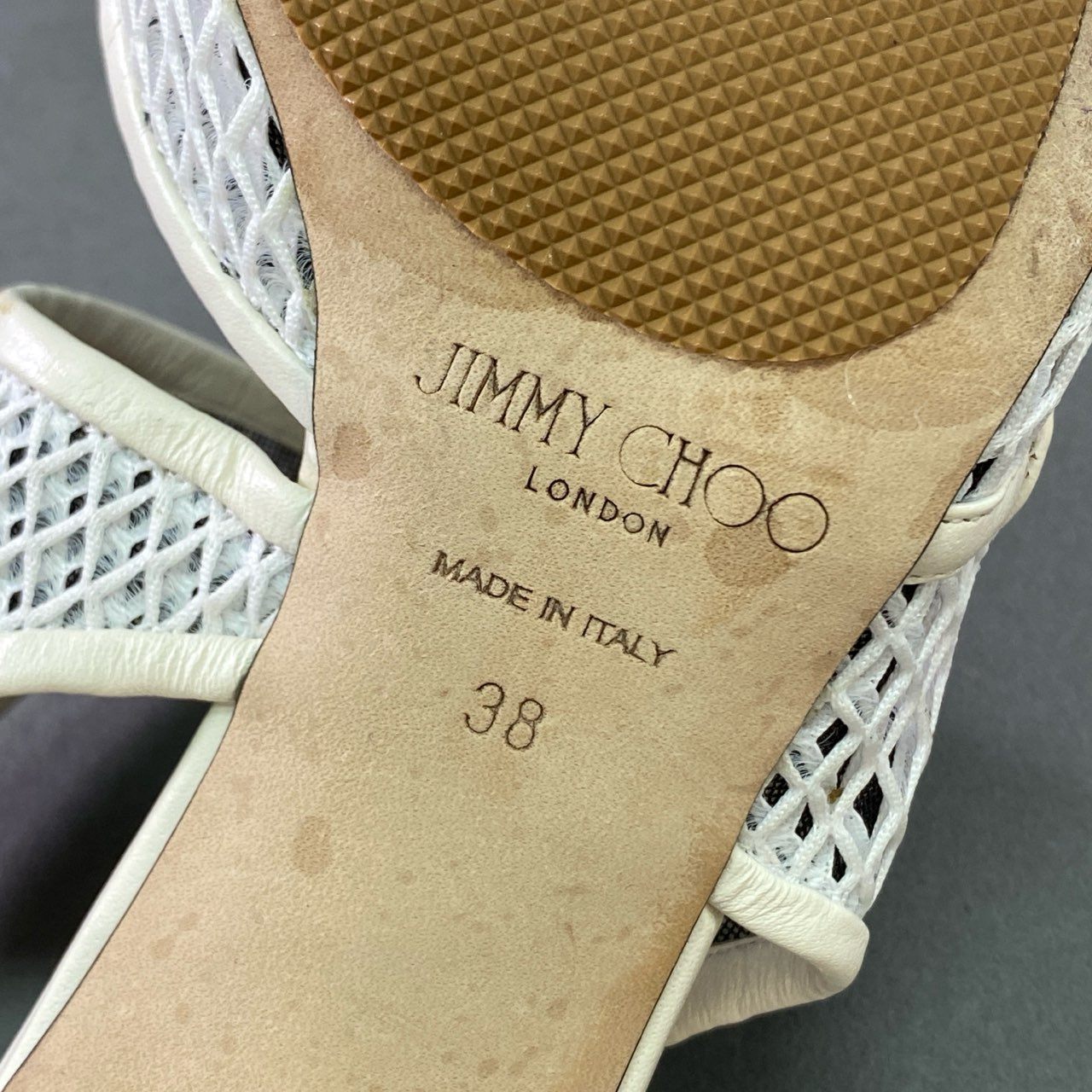 3j24 JIMMY CHOO ジミーチュウ SALLY 70 ポインテッドトゥ メッシュパンプス 38 ホワイト アンクルストラップ シューズ イタリア製