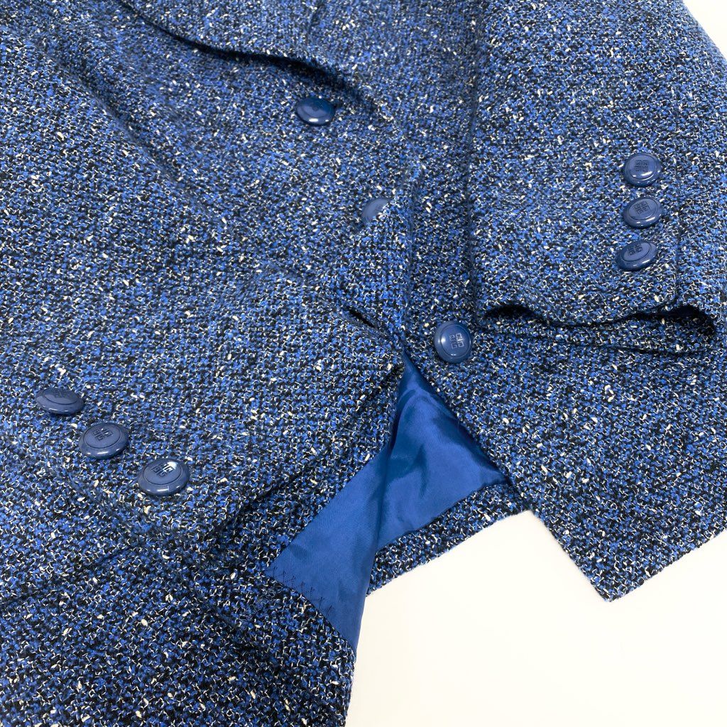 7a9 GIVENCHY ジバンシィー Vintage セットアップ スカートスーツ ツイード ジャケット タイトスカート ロゴボタン 42サイズ ブルー系 レディースo07t