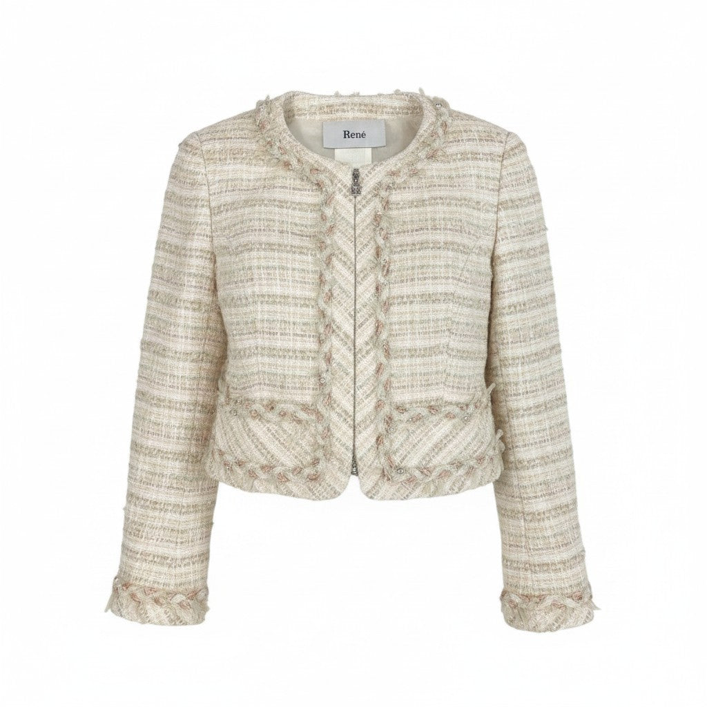 50f29 Rene ルネ ツイードパール ノーカラージャケット 6943450 サイズ36 ホワイト ピンク Tweed Pearl Jackett18r