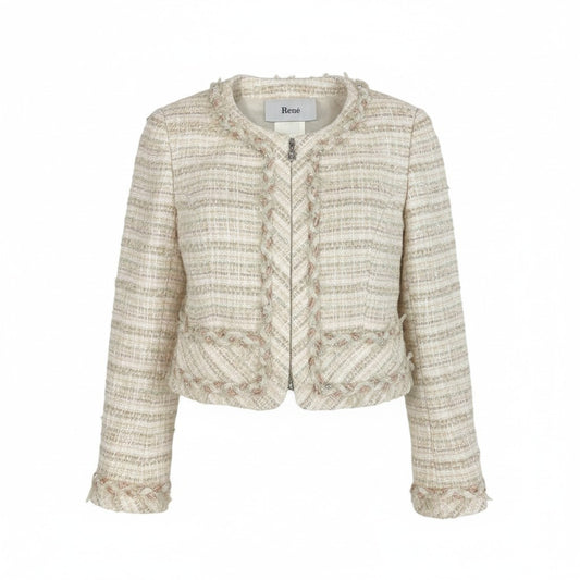 50f29 Rene ルネ ツイードパール ノーカラージャケット 6943450 サイズ36 ホワイト ピンク Tweed Pearl Jackett18r