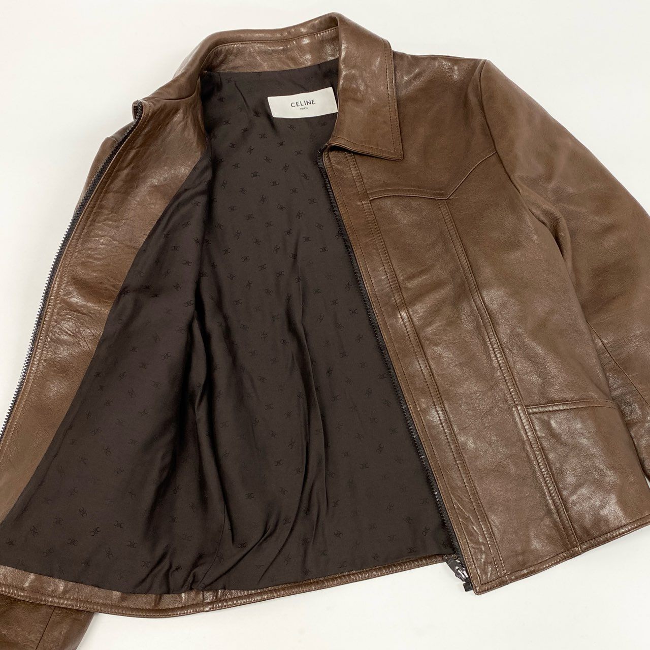 14h29 《未使用保管品》CELINE セリーヌ ワックスウエスタンブルゾン ラムスキン レザージャケット 23AW  2EG62602V 46サイズ ブラウン メンズ 男性用k02i