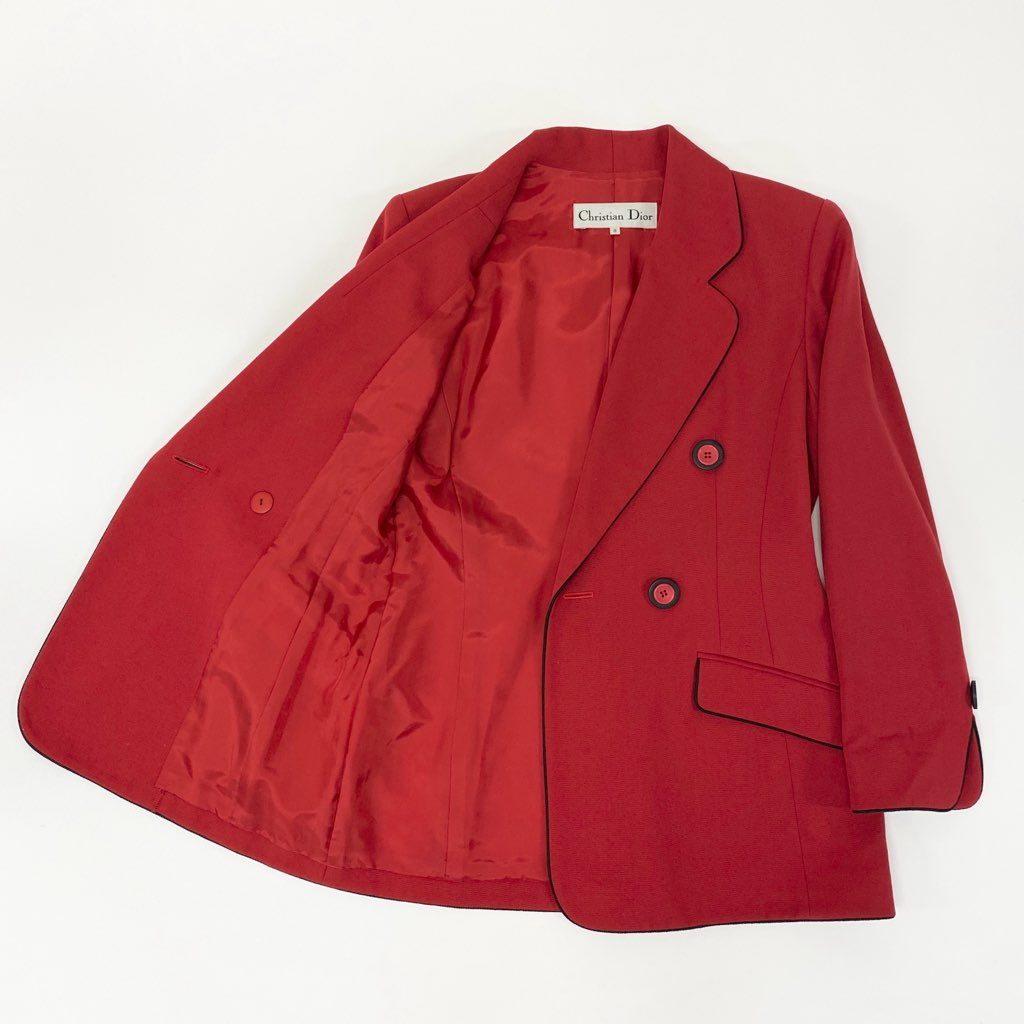 42a27 Christian Dior クリスチャンディオール Vintage テーラードジャケット ブレザー ダブルブレスト パイピング 9サイズ レッド ブラック レディース 女性用o07t