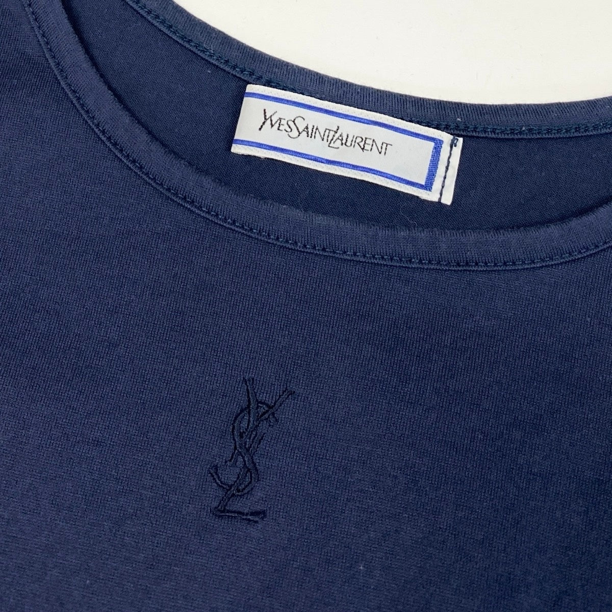 Ig10 YVES SAINT LAURENT イヴサンローラン フレンチスリーブ Tシャツ カットソー カサンドラロゴ刺繍 サイズM ネイビー コットン100％ レディースo07t