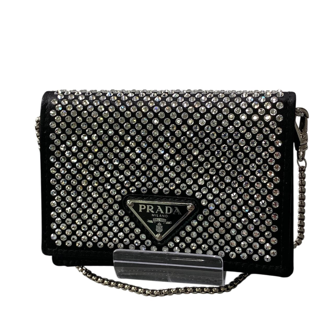 PRADA プラダ ラインストーン フラップカードホルダー ミニバッグ ブラック シルバー レディースta1