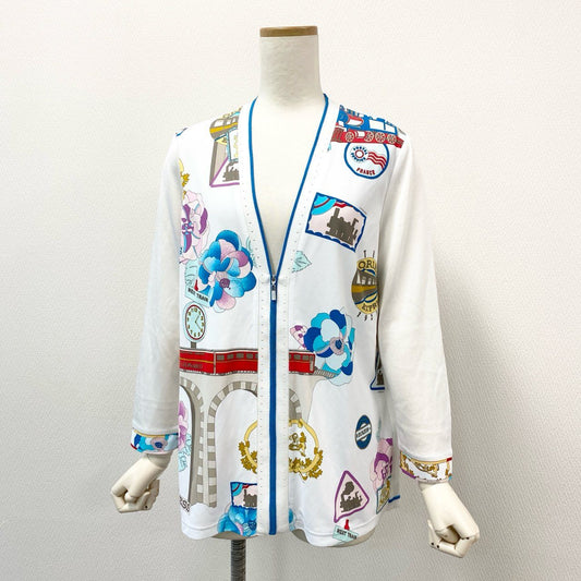 67g21-7 《極美品》 LEONARD レオナール カンカン素材 薄手カーディガン ニットカーディガン 美しい花柄プリント サイズ40 ホワイト マルチカラー レディース 日本製
