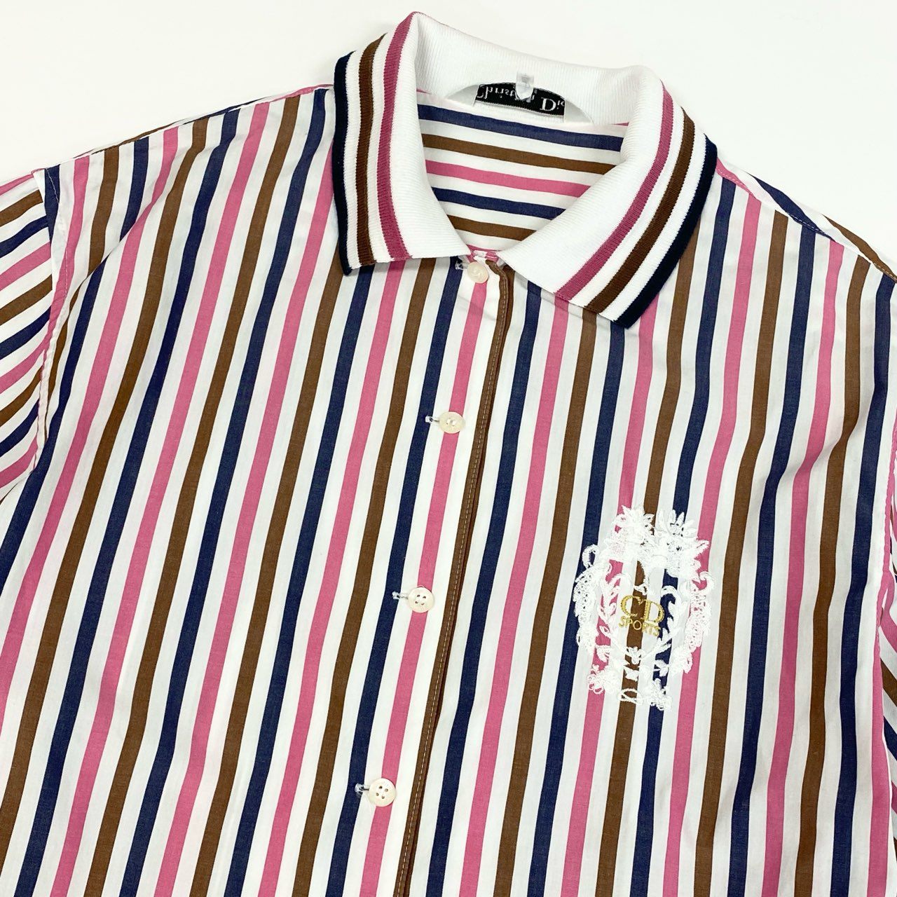 42a23 Christian Dior クリスチャンディオール 半袖シャツ トップス エンブレム刺繍 M マルチカラー ストライプ レディースu02t