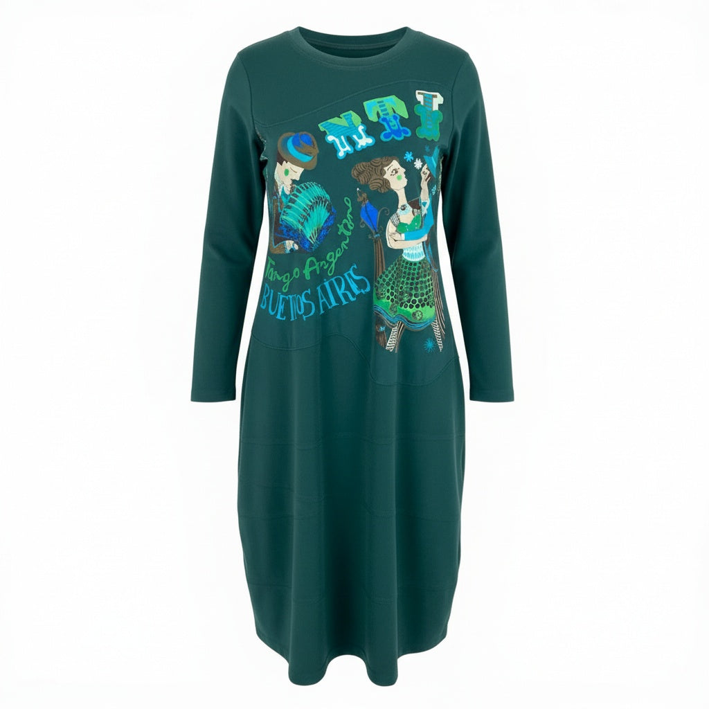 64a23 TOKUKO 1er VOL トクコプルミエヴォル 両面プリント 長袖ワンピース ロングワンピース ストレッチ素材 9 グリーン レディースu02t