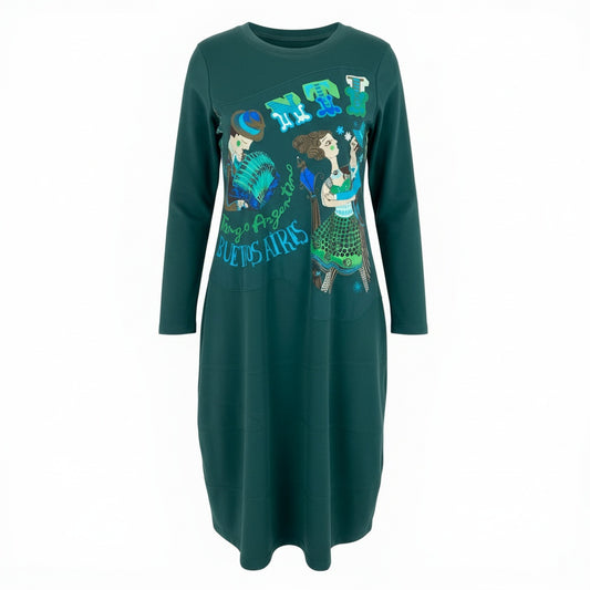 64a23 TOKUKO 1er VOL トクコプルミエヴォル 両面プリント 長袖ワンピース ロングワンピース ストレッチ素材 9 グリーン レディースu02t