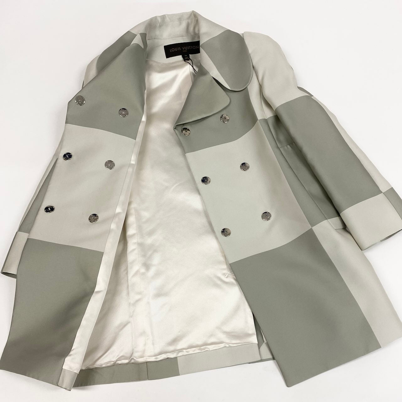c31 《未使用品》 LOUIS VUITTON ルイヴィトン シルクブレンド ブロックチェック ダブルコート Silk Blend Block Check Double Coat 34 ホワイト グレー タグ付t18r