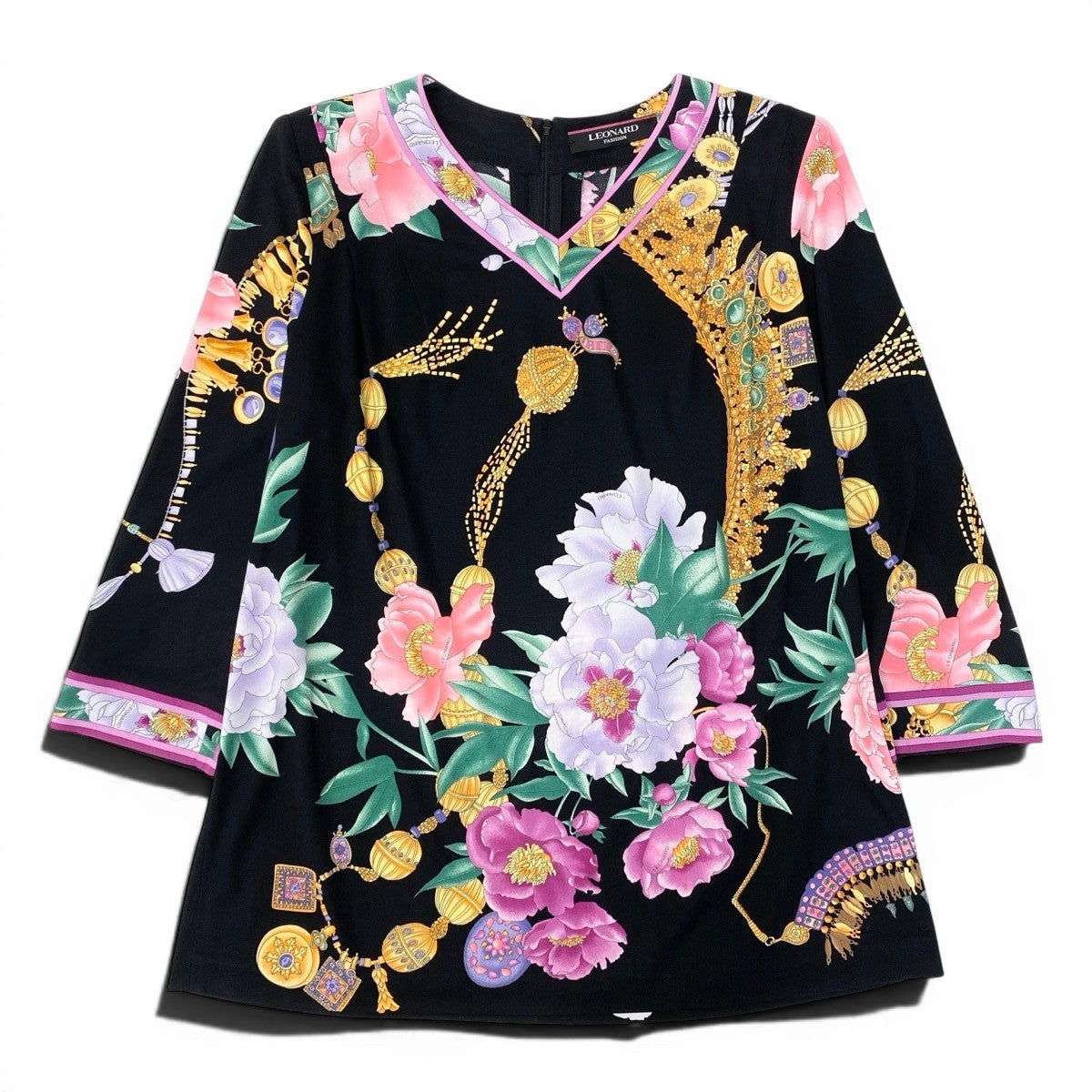 49f27 LEONARD レオナール ロングスリーブカットソー チュニックカットソー カンカン素材 Vネック 花柄プリント 0189521 Lサイズ マルチカラー レディース 女性用u02t