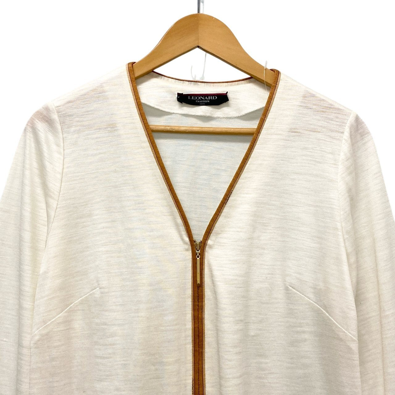 70b17 LEONARD FASHION レオナール  カーディガン シアー Vネック 薄手 LL アイボリー 麻100％ レディース 女性用u02t