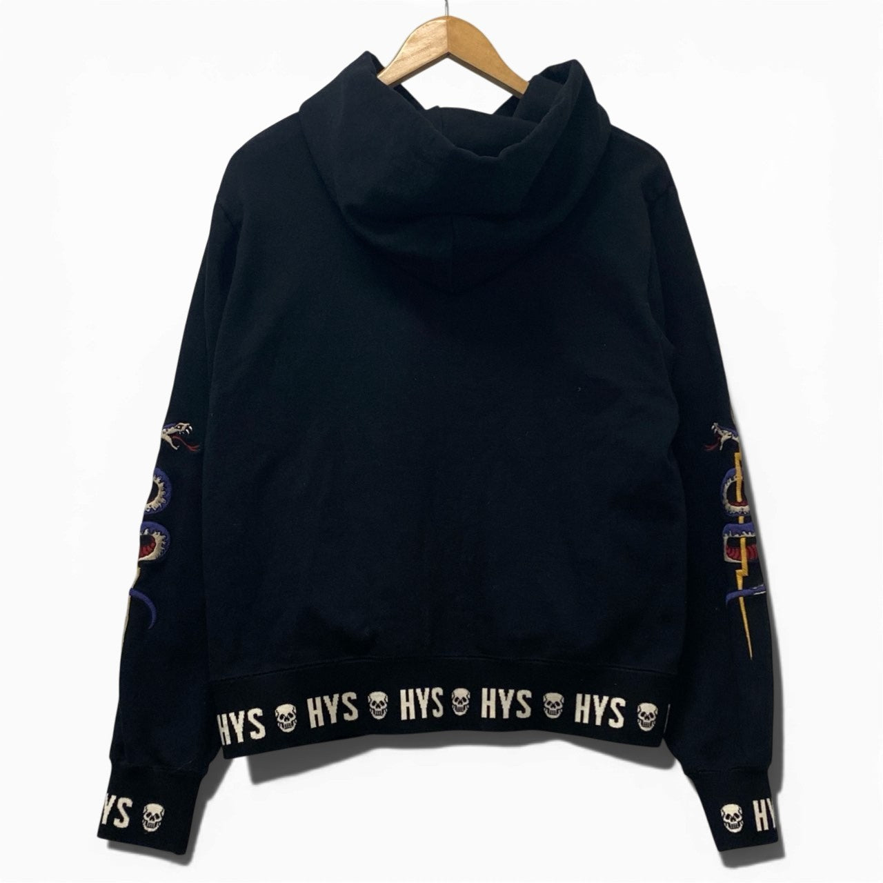 78b12 【美品】HYSTERIC GLAMOUR ヒステリックグラマー プルオーバーフーディー パーカー スカル 刺繍 トップス Mサイズ ブラック コットン100％ メンズu02t