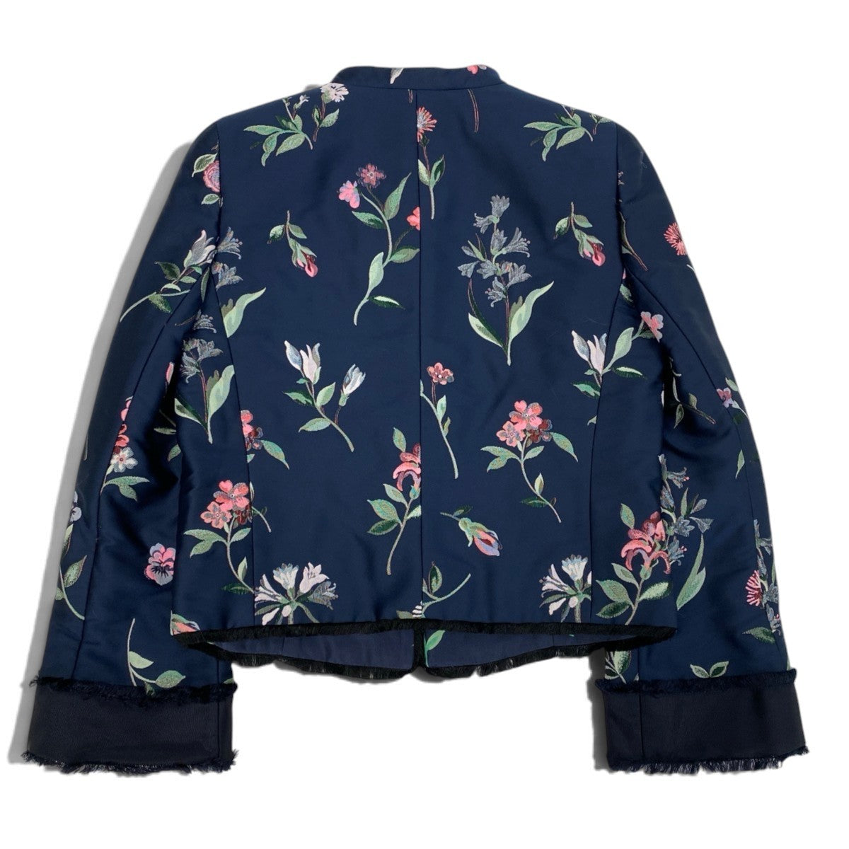 78j6 【美品】GIORGIO ARMANI ジョルジオアルマーニ ノーカラージャケット 花柄 フリンジ イタリア製 ネイビー レディース 女性用u02t
