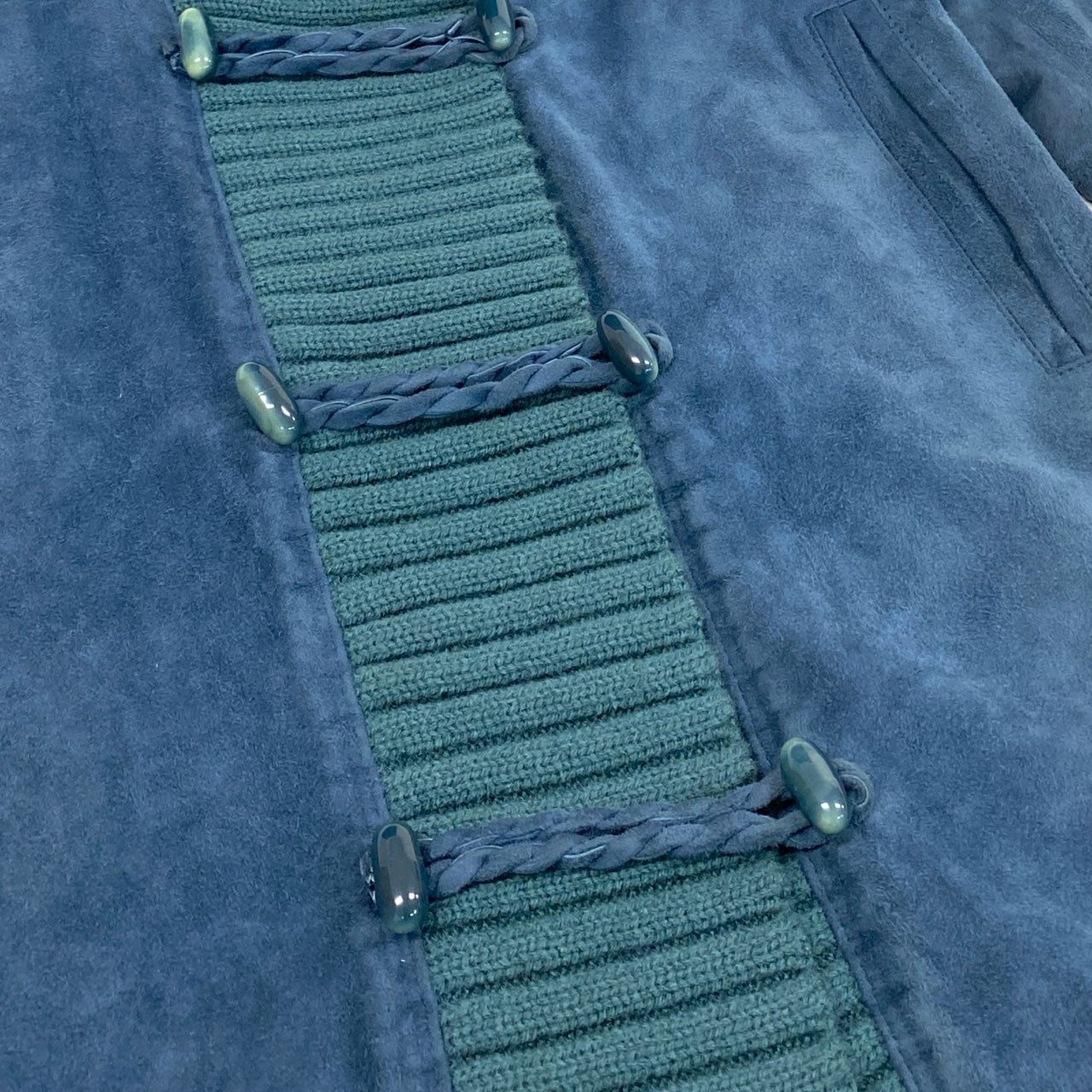 60L16 Vintage YVES SAINT LAURENT イヴサンローラン ヴィンテージ レザーコート ベルテッドコート ロング丈 ニット切替 L ブルー系 表記タグ欠損 レディースu02t