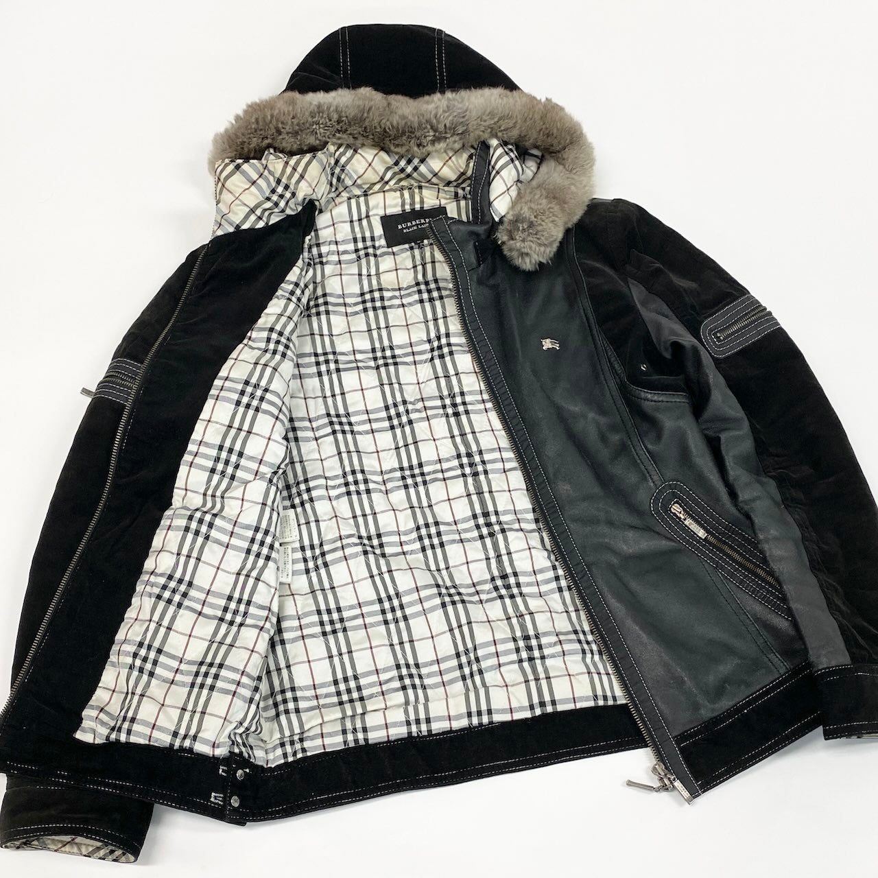 4d16 BURBERRY BLACK LABEL バーバリー ブラックレーベル 中綿 レザージャケット フーデッドジャケット 2way コーデュロイ切替 ラビットファー サイズM ブラック メンズ 紳士服u02t