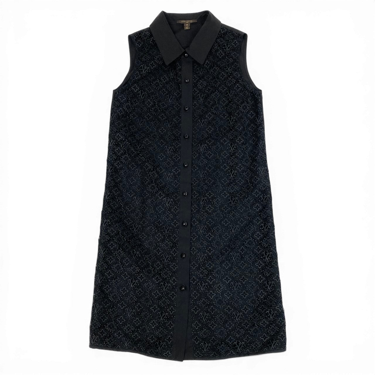 c31 《美品》 LOUIS VUITTON ルイヴィトン モノグラムレース シャツワンピース Monogram Lace Shirt Dress サイズ36 ブラックt18r