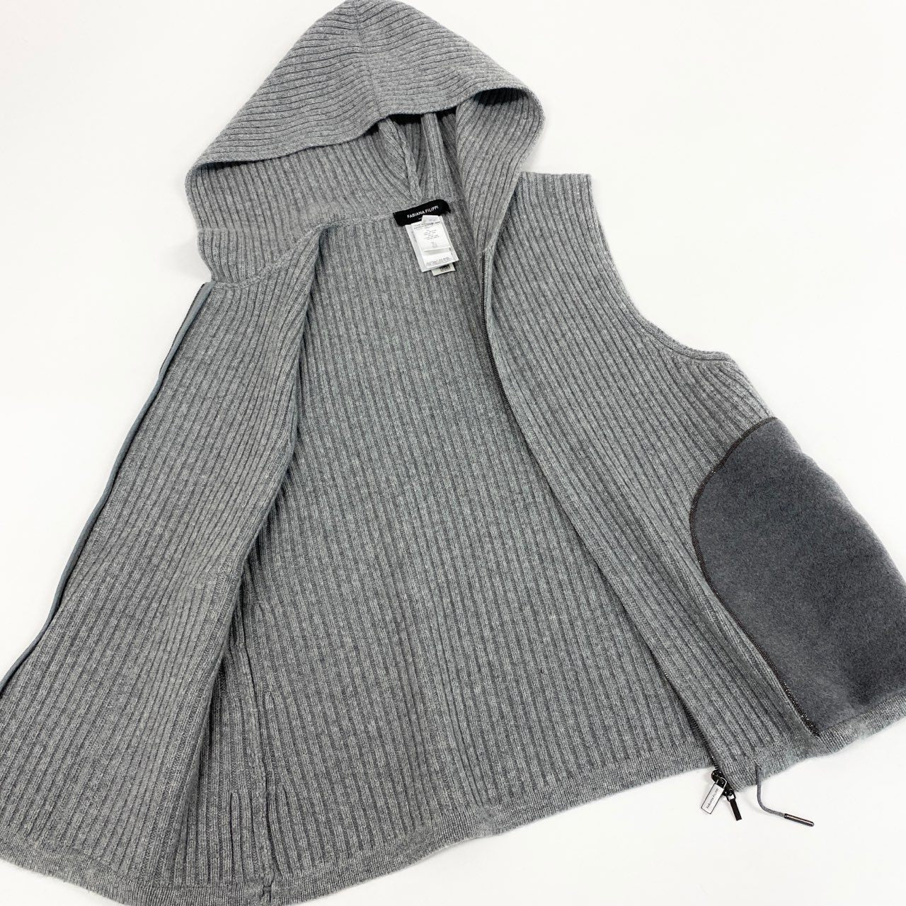 44c3 《美品》 FABIANA FILIPPI ファビアナ フィリッピ Ribbed Knit Hooded Vest カシミヤ混 リブニット フーディベスト XS グレー ヴァージンウール シルク メタルビーズ イタリア製