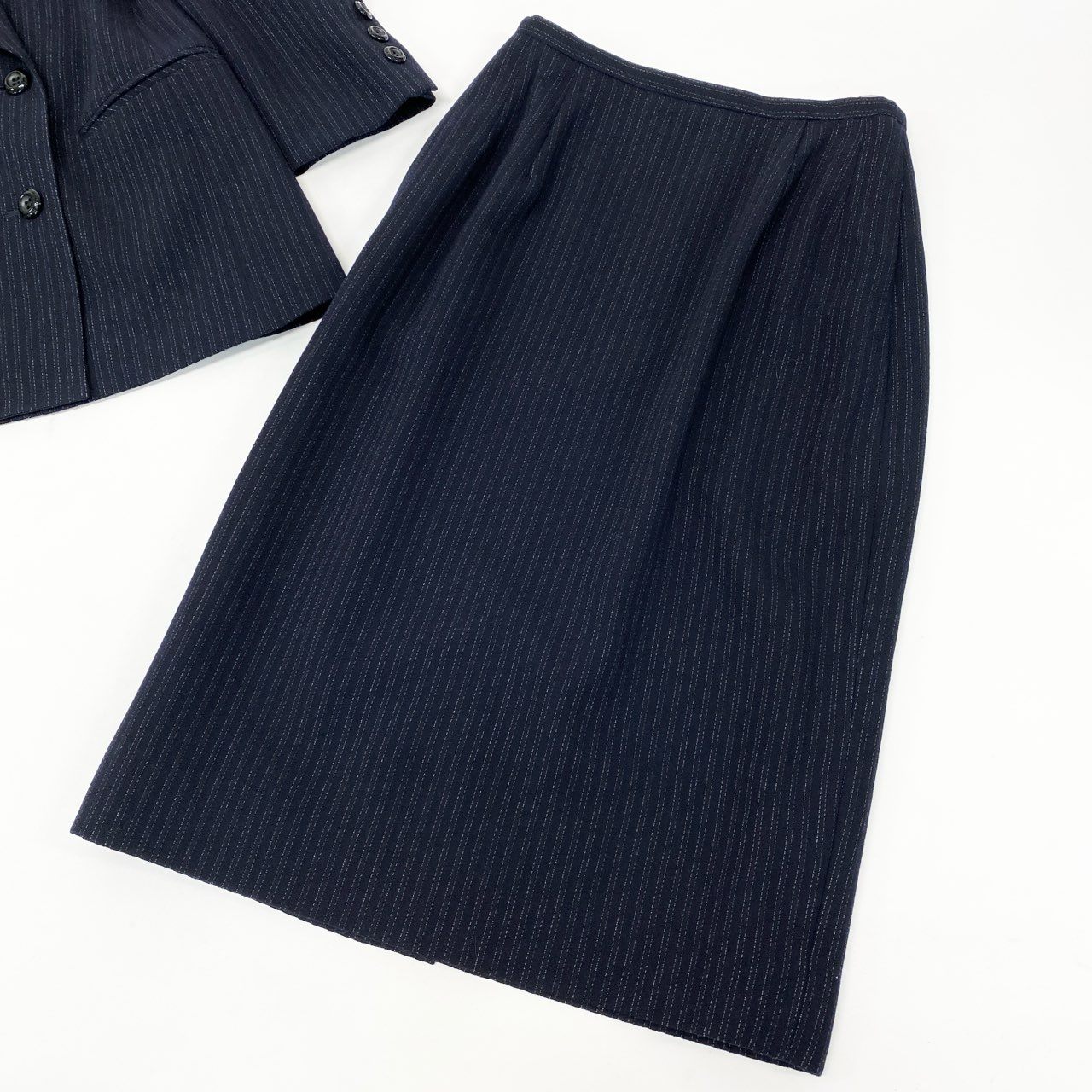 4k23《美品》 LAPINE BLANCHE ラピーヌブランシュ セットアップスカート ダブルブレストジャケット ストライプ柄 ウール混 レディース 女性用 9 ネイビーu02t