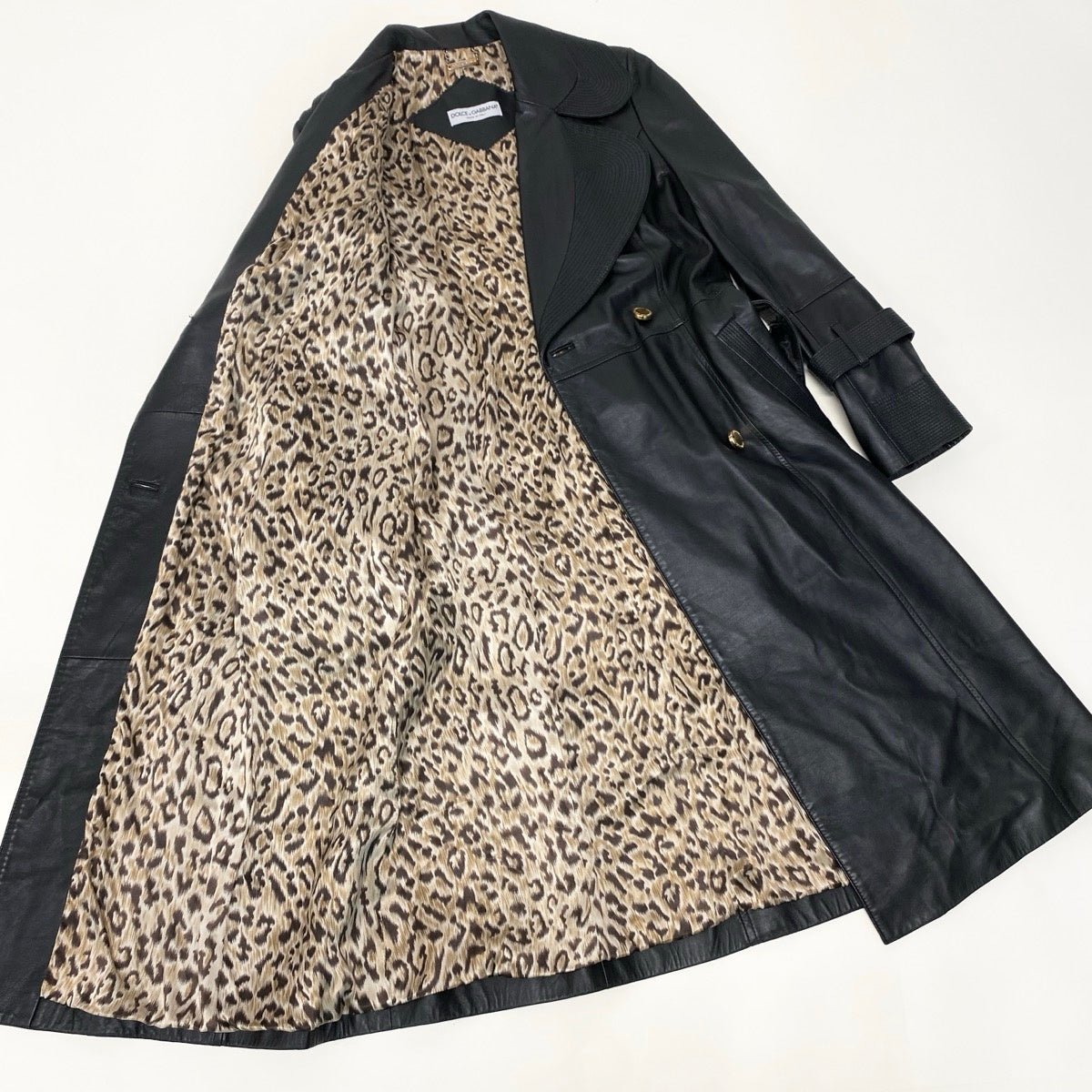 Eh1 DOLCE&GABBANA ドルチェアンドガッバーナ ラムレザーコート シルクレオパード Lambskin Leather Coat Silk Leopard Print Lining 42 ブラック ベルト付t18r