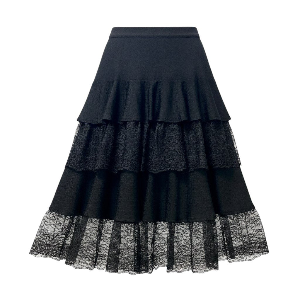 4f18 VALENTINO ヴァレンティノ ニットフリルスカート レースデザイン イタリア製 40/4サイズ ブラック ウール100％ レディース 女性用u02t