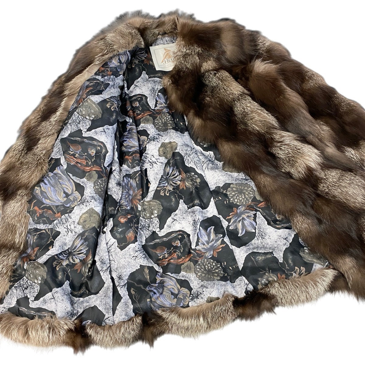 Ej26 【極美品】 Fleur KOBE FUR 毛皮コート ノーカラー シルバーフォックス 裏地総柄 サイズF FOX FUR 本毛皮 レディースu02t