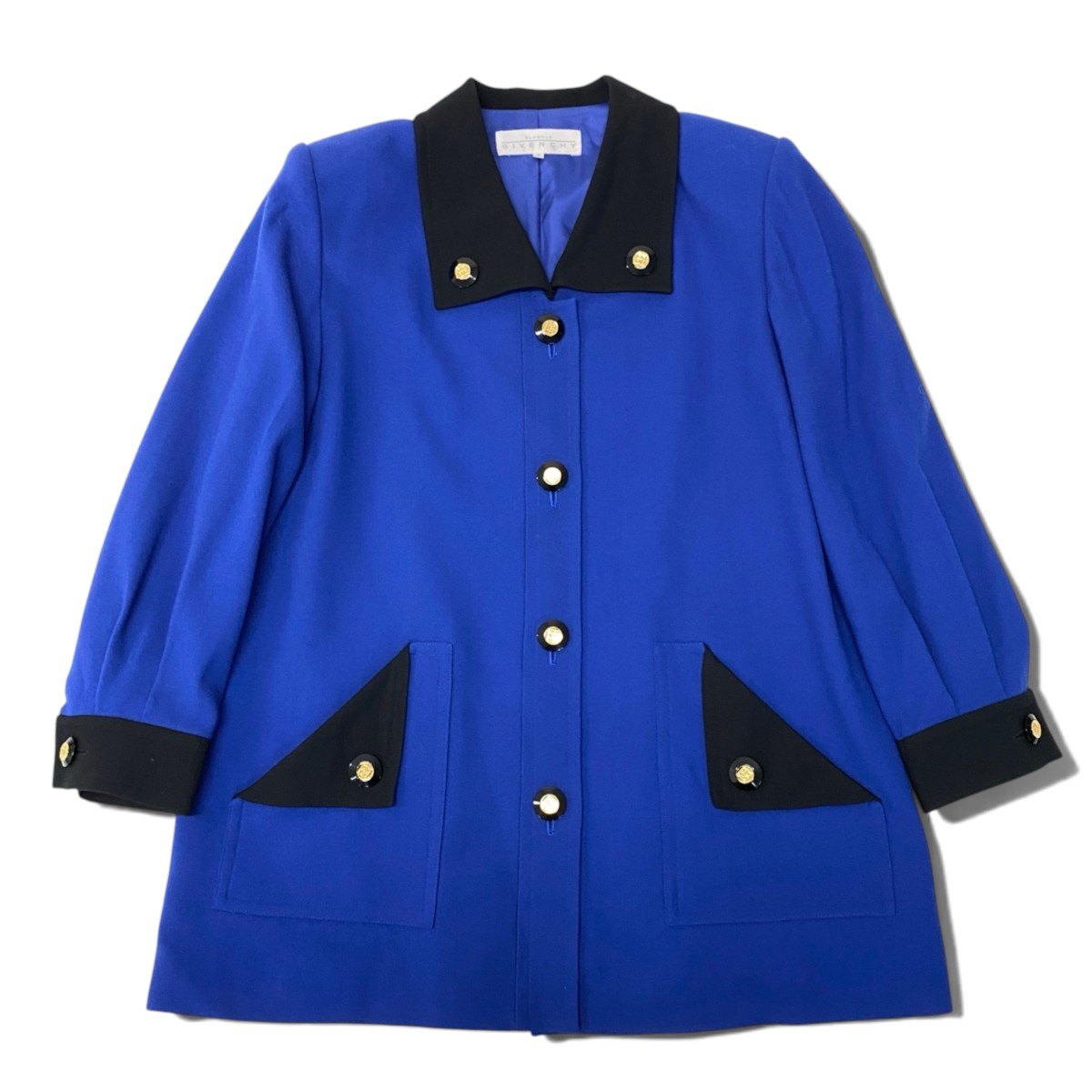 93h3 GIVENCHY ジバンシー ロングジャケット ジャケットコート ロゴボタン バイカラー 15サイズ ブルー ブラック ウール100％ レディース 女性用u02t