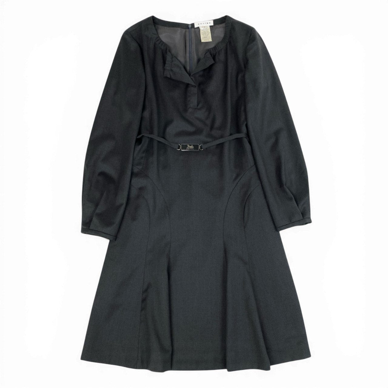 31b12 CELINE セリーヌ 馬車ベルト付き Aラインワンピース サイズ38 グレー Vintage Dress ドレス フランス製t18r