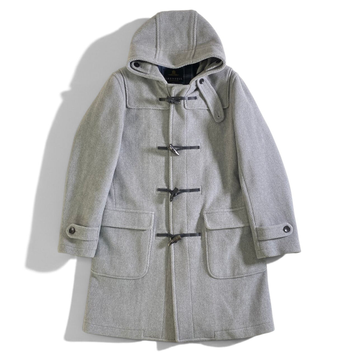 8j26 GRENFELL グレンフェル BAKER LONG ベーカー ダッフルコート トグルボタン 裏地チェック柄 36 ライトグレー メンズu02t