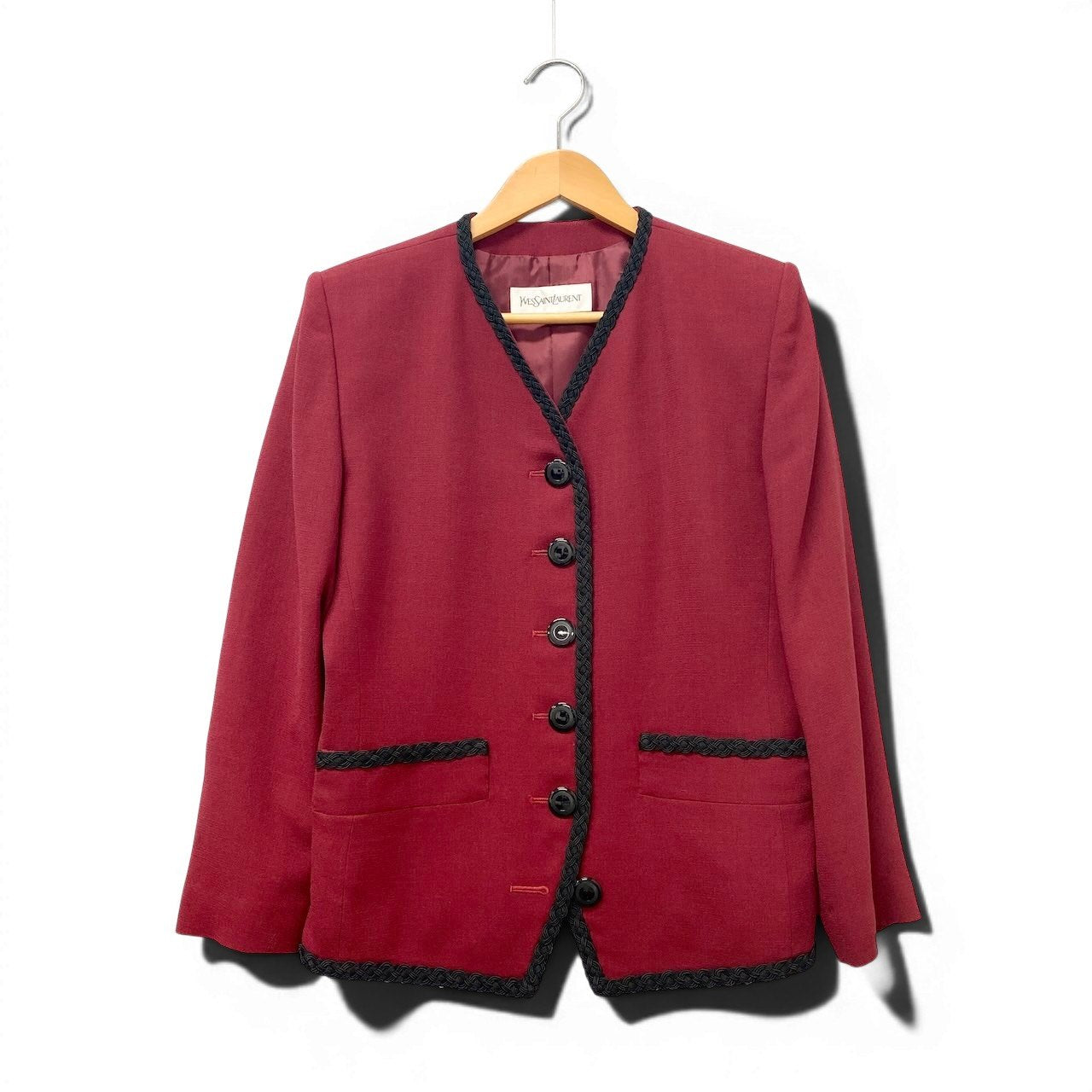3g2 YVES SAINT LAURENT イヴサンローラン ノーカラージャケット ウールジャケット 編み込みトリム サイズ36 ワインレッド レディース 女性用u02t