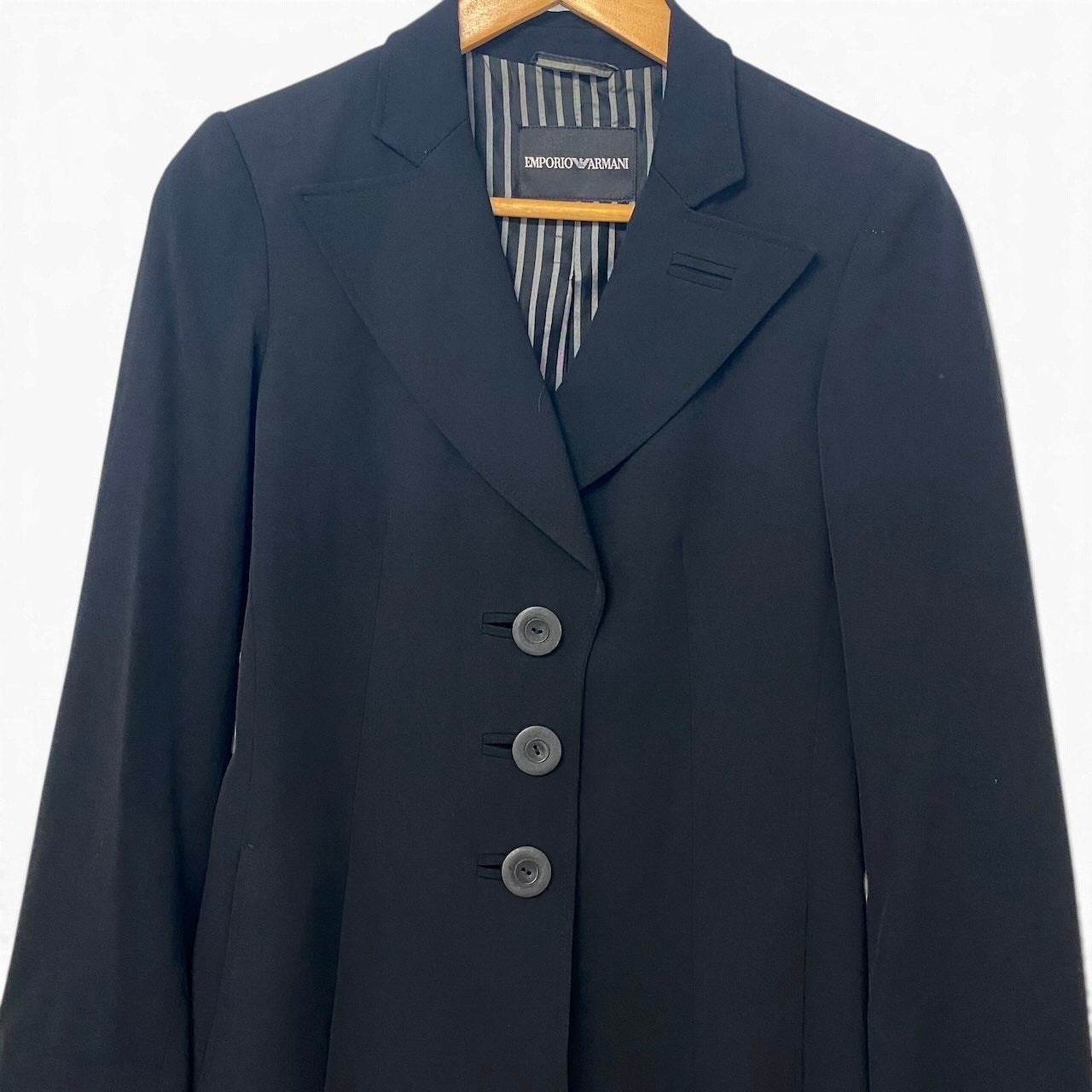 35h31 EMPORIO ARMANI エンポリオアルマーニ チェスターコート ロングコート 裏地ストライプ柄 サイズ38 ブラック レディースo07t