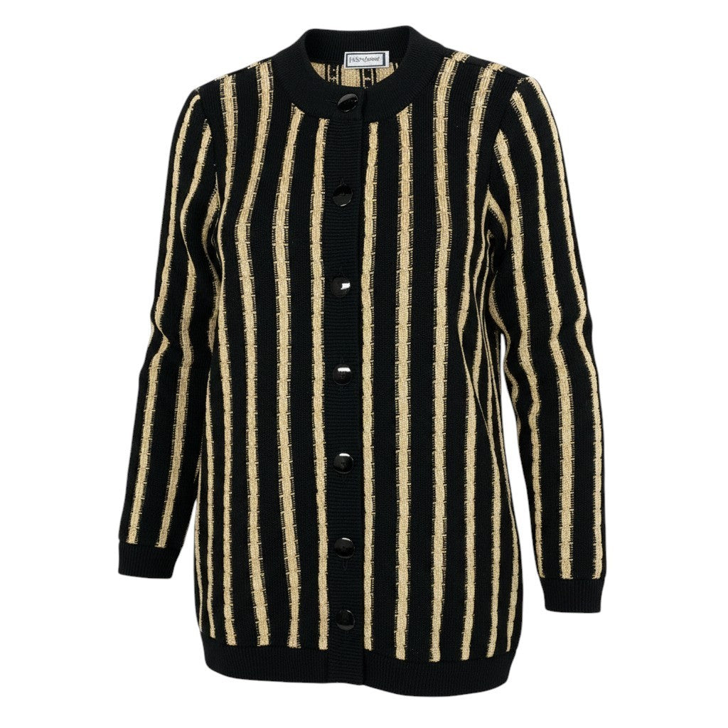 65e2 YVES SAINT LAURENT イヴサンローラン ロングスリーブ ニットカーディガン チュニック丈 サイズM ブラック ゴールド ウール100％ レディース 女性服o07t