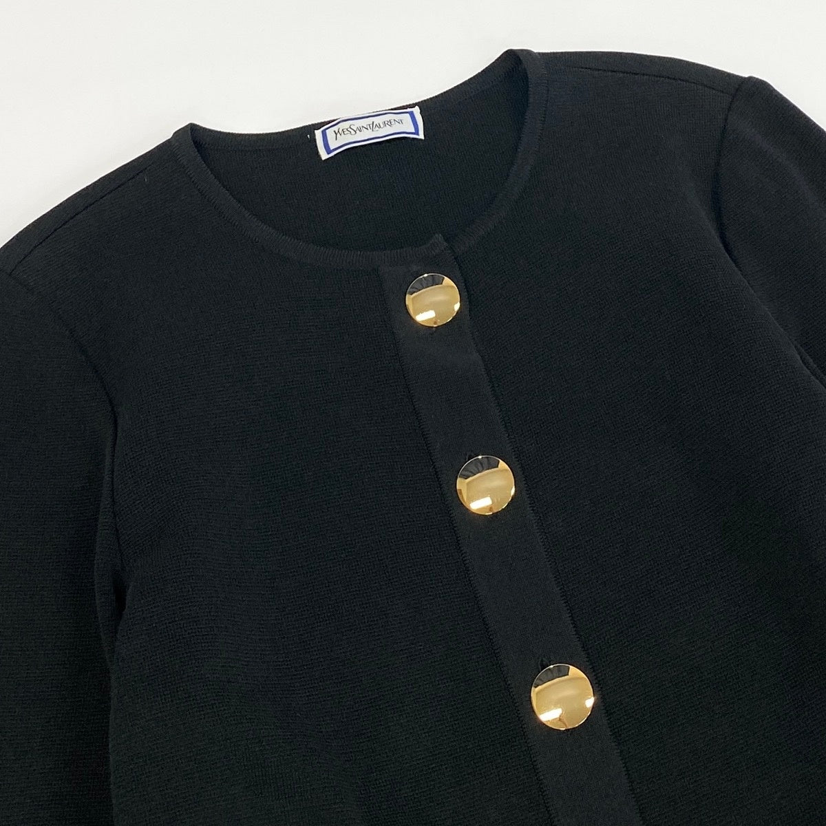 Ee25 YVES SAINT LAURENT イヴサンローラン YSL カーディガン ノーカラー ニットジャケット 金ボタン サイズM ブラック レディース 女性服o07t