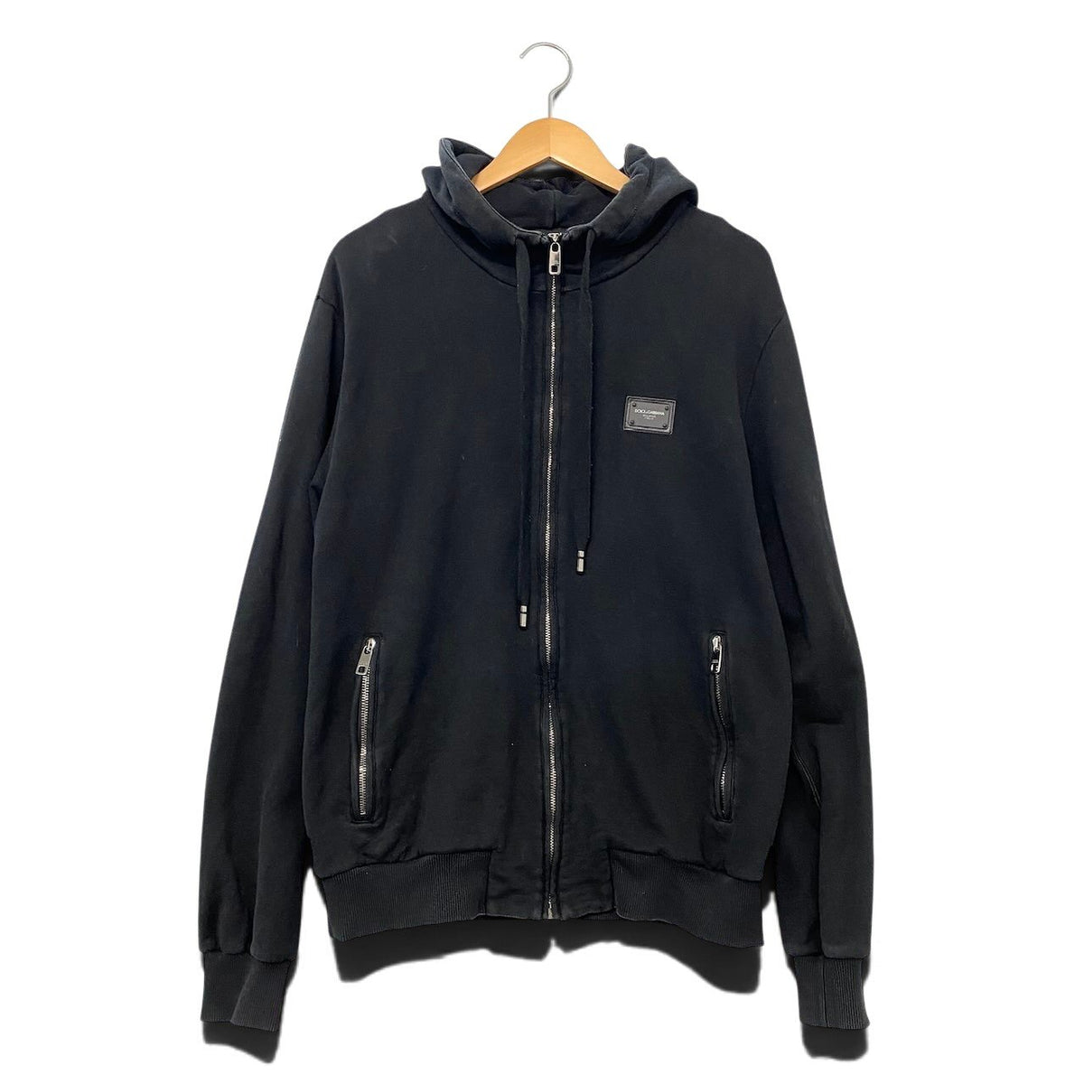 68h21 DOLCE＆GABBANA ドルチェアンドガッバーナ プルオーバーフーディー パーカー ロゴプレート イタリア製 52サイズ ブラック メンズ 男性用u02t