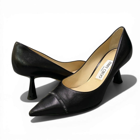 2c24 JIMMY CHOO ジミーチュウ ロゴテープ ポインテッドトゥ パンプス シューズ 37.5 ブラック レザー イタリア製u02t