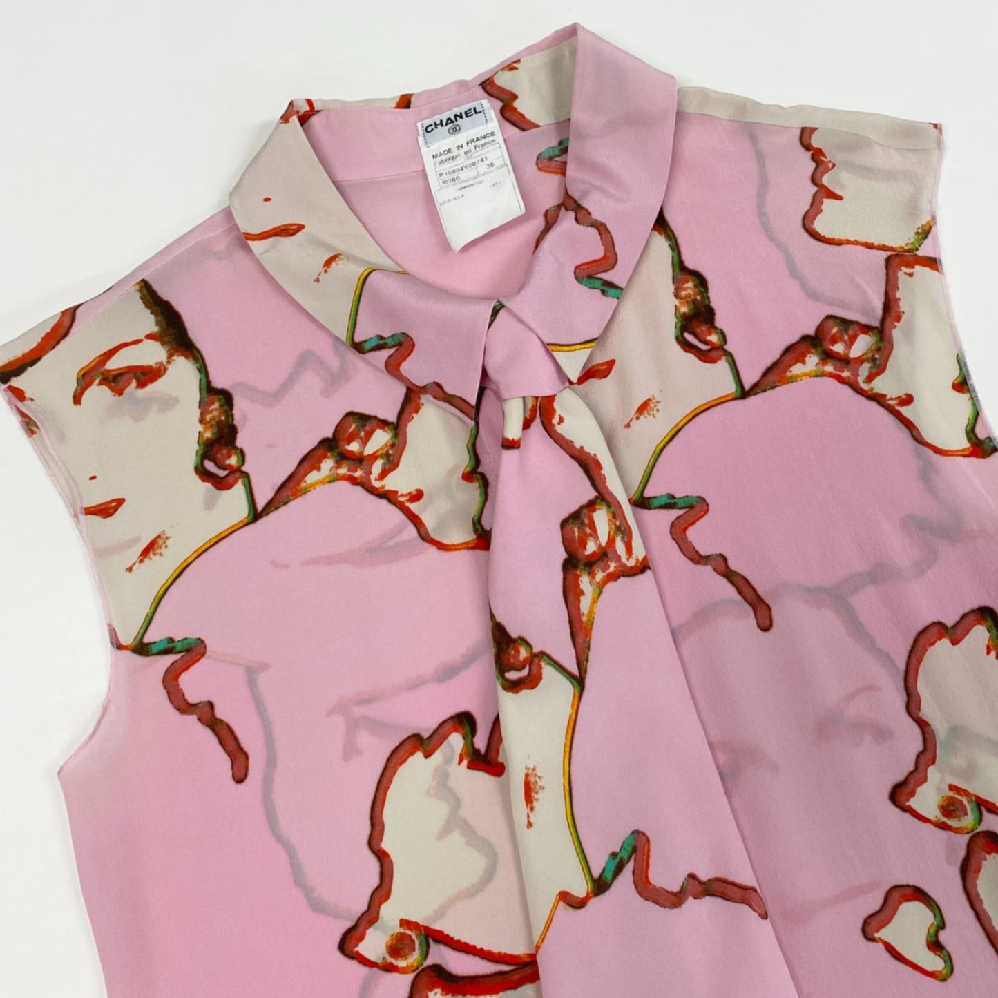 b23 CHANEL シャネル 1999年 99P ネクタイ付き ノースリーブ シルクブラウス サイズ38 ピンク シルク100％ レディース トップスta1