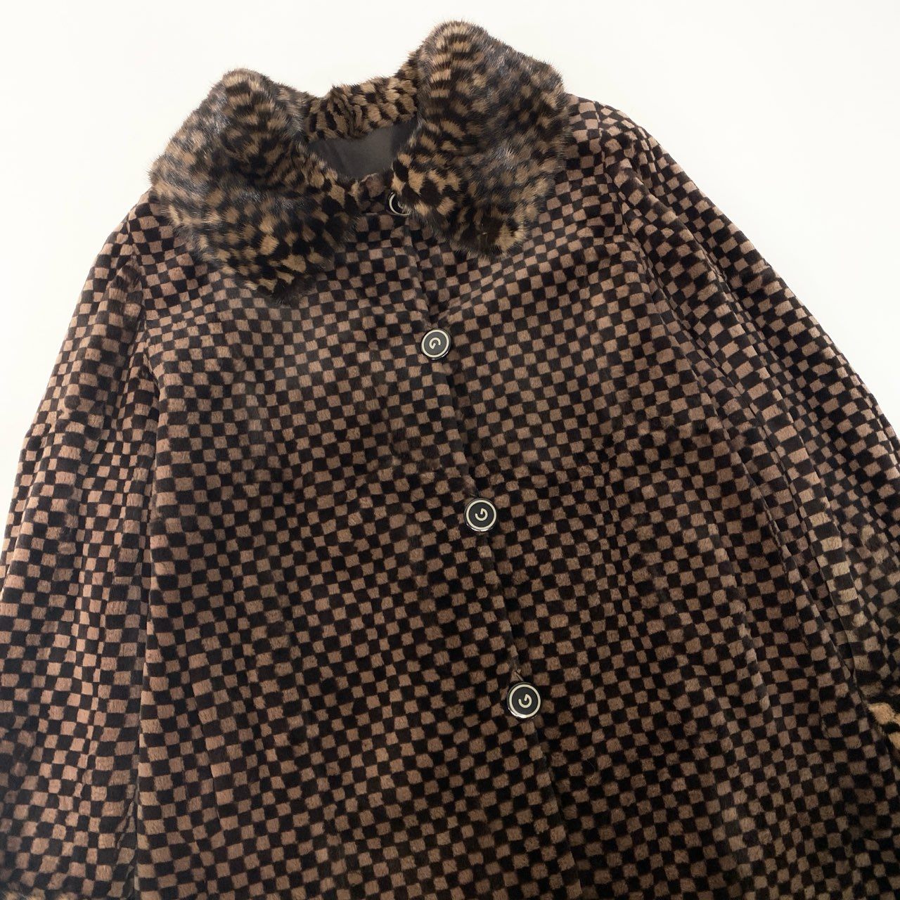 38c4 GRES グレ チェック柄 ミンクファー リバーシブル ロングコート サイズF 茶系 本毛皮 Mink Fur Reversible Long Coatt18r
