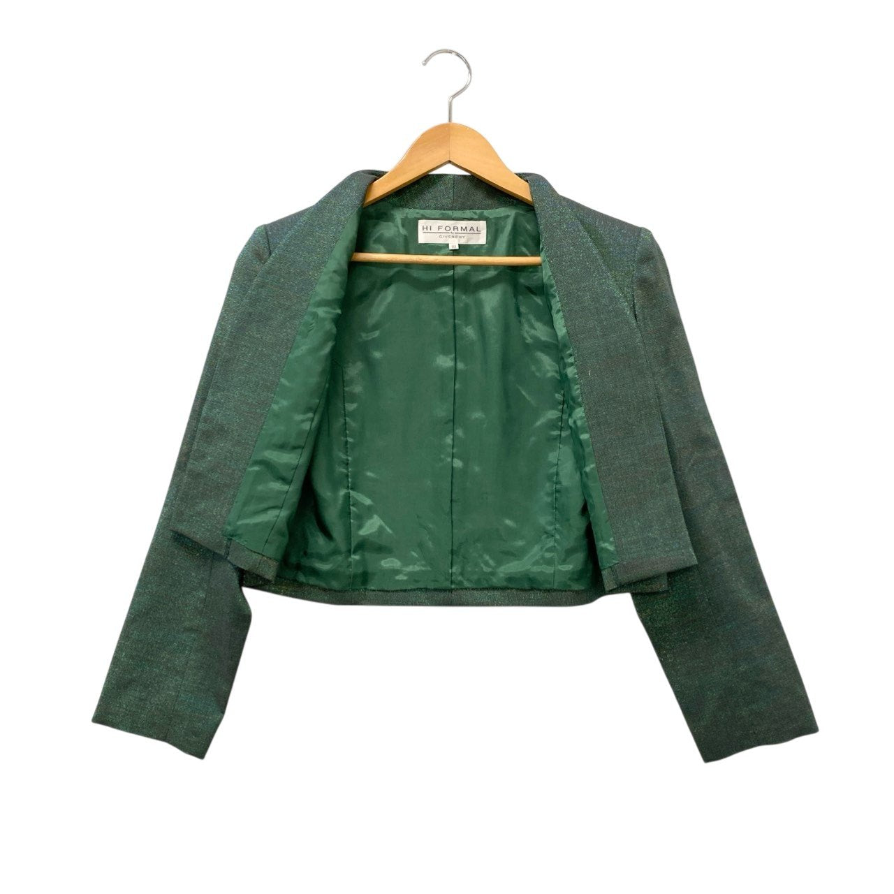 87c6 《美品》 GIVENCHY ジバンシー 光沢ラメ生地 クロップドジャケット ノーカラージャケット 10 グリーン レディースu02t