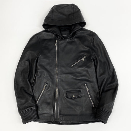 83i29 LOVELESS ラブレス ライダースジャケット レザージャケット フーデッドジャケット ラムレザー 61F53-202-09 Mサイズ ブラック メンズo07t