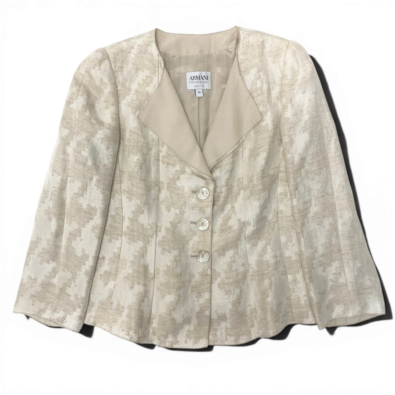 27e11 ARMANI COLLEZIONI アルマーニコレツィオーネ オープンカラージャケット リネンブレンド 総柄 シェルボタン 貝ボタン サイズ38 ベージュ レディース 女性用o07t