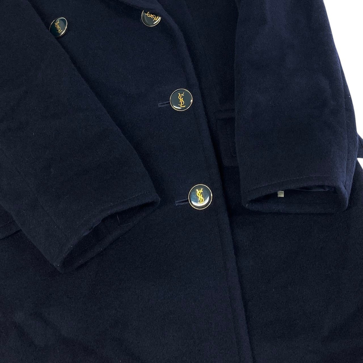 i19 YVES SAINT LAURENT ダブルブレストチェスターコート YSLロゴボタン ロングコート 36サイズ ダークネイビー ウール100％ レディース 女性用u02t