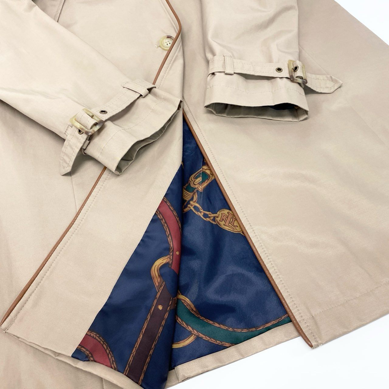 51Ⅼ2 LAUREN RALPH LAUREN ローレン ラルフローレン トレンチコート ロングコート フード取り外し可 2way レザーパイピング 裏地総柄 レディース L  ベージュu02t