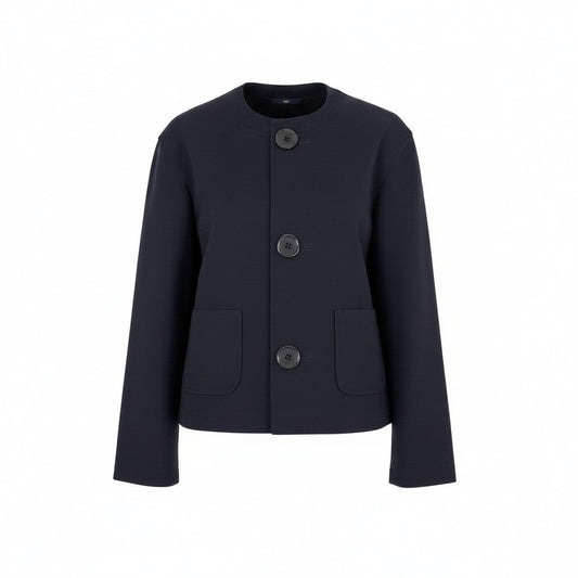 e11 【美品】tricot COMME des GARCONS AD2018 ノーカラージャケット ドット柄 TZ-J006 Mサイズ ダークネイビー ウール100％ レディース 女性用u02t