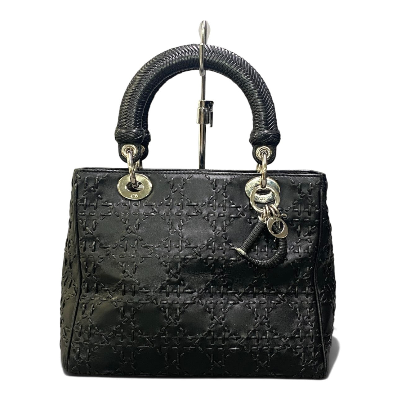 h29 Christian Dior レディディオール M ウィップステッチ カナージュ ブラック レザー レディース 女性用ta1