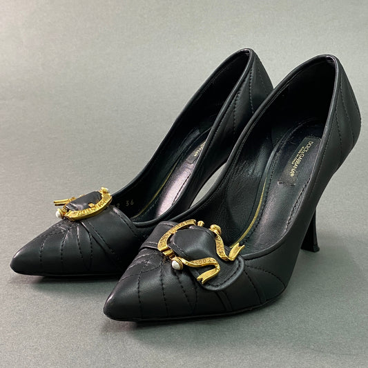 1g9 《美品》 DOLCE&GABBANA ドルチェアンドガッバーナ Pearl Devotion  バックルパンプス 36 ブラック レザー ゴールド金具 シューズ D&G ドルガバ