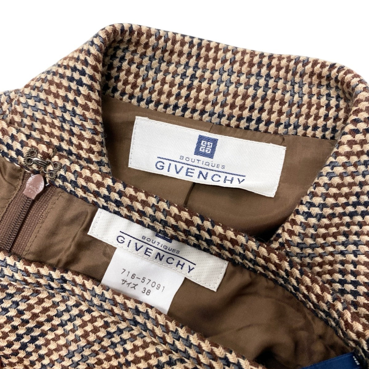 30h22 GIVENCHY ジバンシー 千鳥格子柄 テーラードジャケット セットアップスカートスーツ ウール 秋冬 516-57089 38 ブラウン系 レディース 女性用u02t