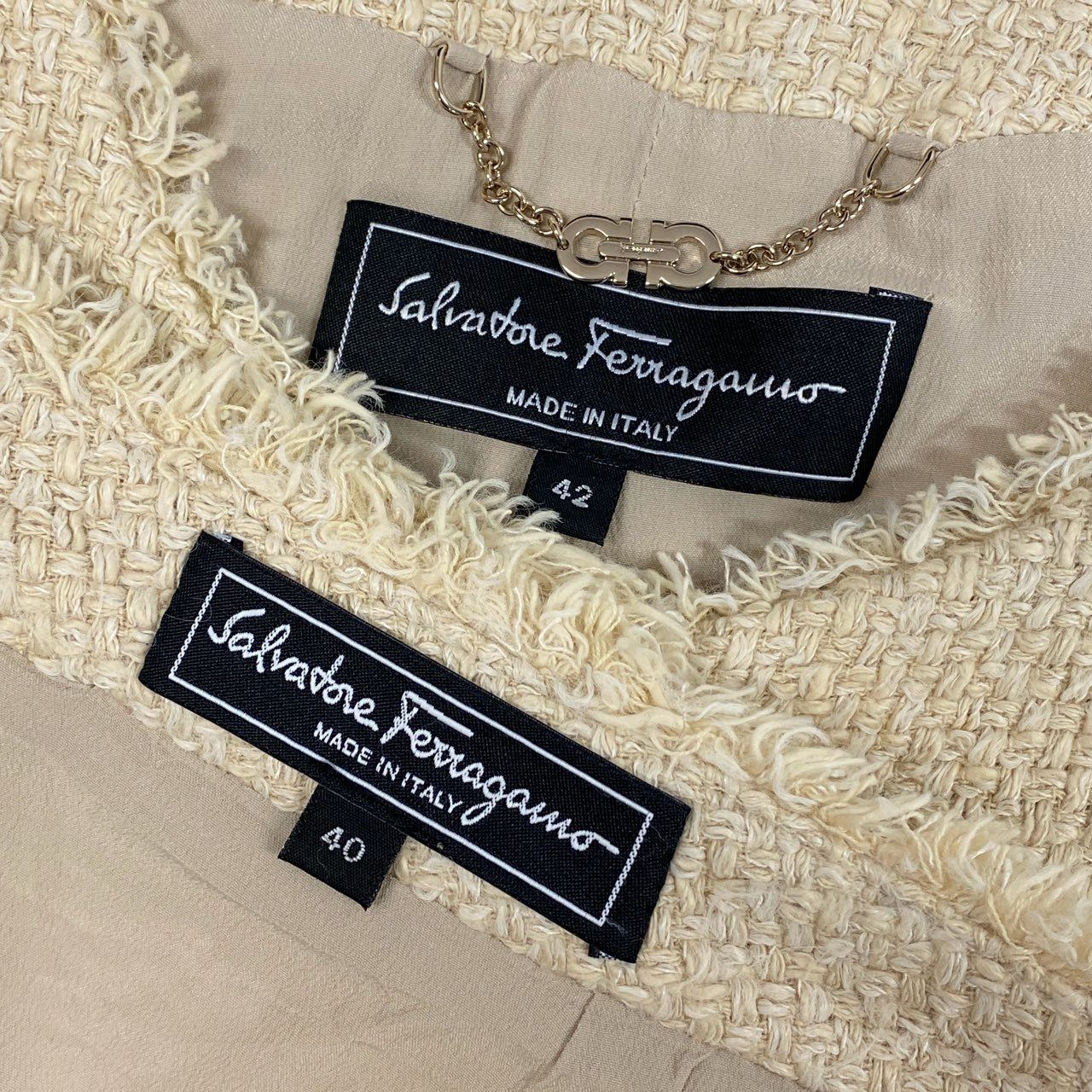 Ec10 Salvatore Ferragamo サルヴァトーレフェラガモ スカートセットアップ ツイードジャケット セレモニースーツ フォーマル レディース イタリア製 42 ライトベージュk02i