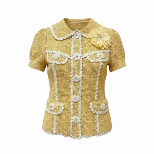 79c26 【未使用タグ付】 NOKO-OHNO ノコオーノ 定価¥42.000 プリーツジャケット 半袖 花柄ボタン コサージュ フリルデザイン レディース 女性服 サイズ40 イエロー系u02t