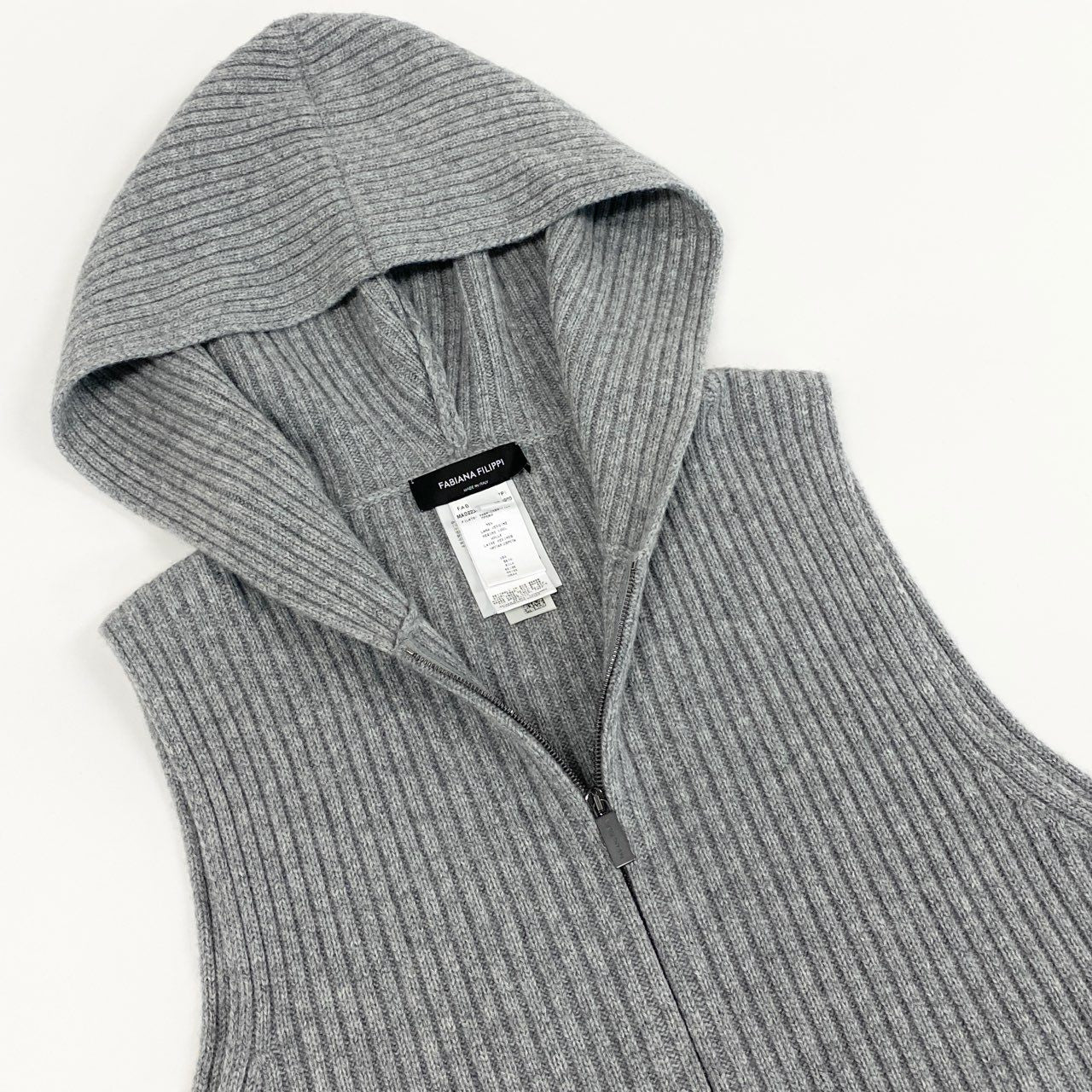 44c3 《美品》 FABIANA FILIPPI ファビアナ フィリッピ Ribbed Knit Hooded Vest カシミヤ混 リブニット フーディベスト XS グレー ヴァージンウール シルク メタルビーズ イタリア製