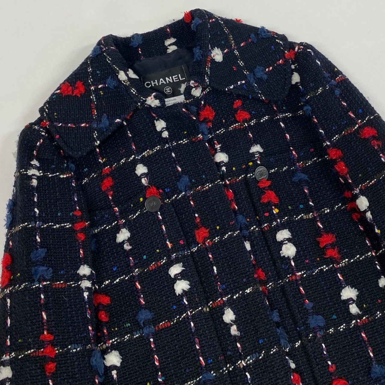 Cd2 《極美品》 CHANEL シャネル CCボタン ツイード ステンカラーコート CC Tweed Soutien Collar Coat P42157 サイズ36 ネイビー フランス製t18r